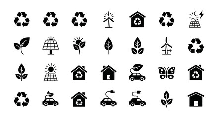 Set of environmental and ecological icons isolated on white background, representing sustainability, renewable energy, and ecofriendly practices for a greener future