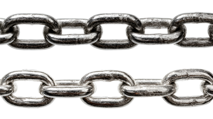Close up of two heavy duty metal chains linked together on a black background