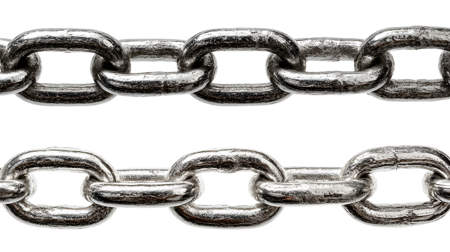 Close up of two heavy duty metal chains linked together on a black background