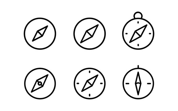 Minimalistic compass icons collection with simple line art style for navigation concepts