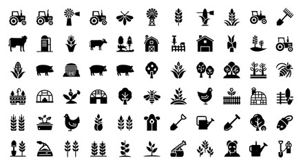 Collection of farming and agriculture icons isolated on white background showcases a variety of elements related to rural life, cultivation, and food production