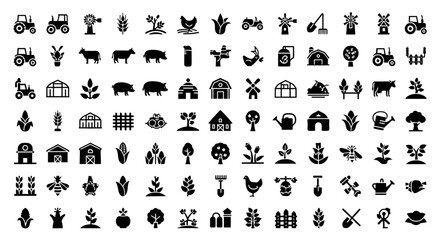 Collection of farming and agriculture icons isolated on white background showcases a variety of elements related to rural life, cultivation, and food production