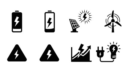 Renewable energy icons a collection of battery, solar panel, wind turbine, and energy efficiency symbols isolated on white background for sustainable solutions