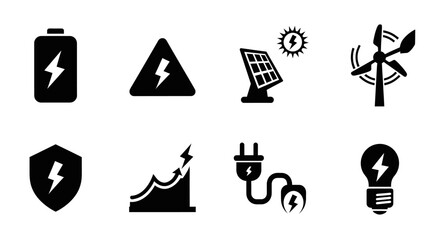 Renewable energy icons a collection of battery, solar panel, wind turbine, and energy efficiency symbols isolated on white background for sustainable solutions