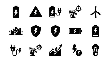 Renewable energy icons a collection of battery, solar panel, wind turbine, and energy efficiency symbols isolated on white background for sustainable solutions