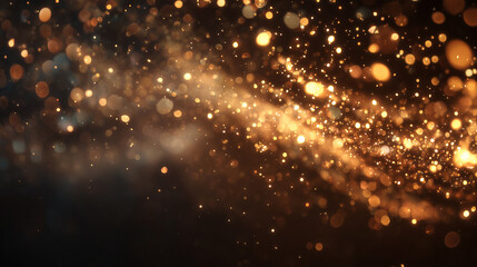 Dynamic Golden Glittering Particles Swirling in Dark Space with Bright Bokeh Effect