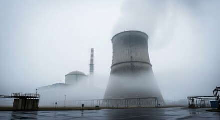 Obraz premium Foggy industrial power plant with cooling tower emitting steam in misty landscape