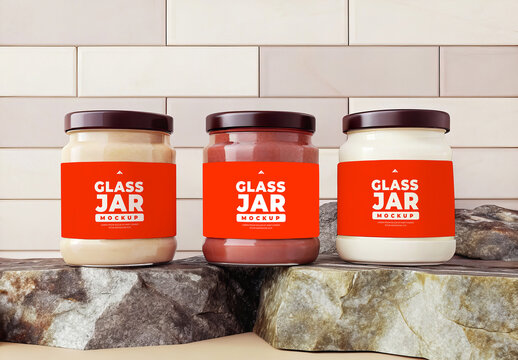 Set of Large Glass Jars Mockups with White Tile Kitchen Background