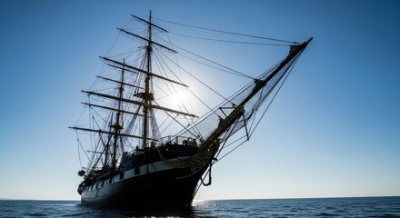Obraz premium Majestic sailing ship on tranquil ocean at sunrise