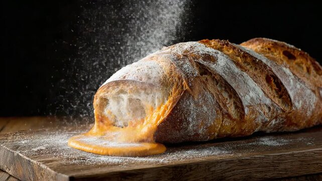 Close up of freshly baked artisan bread with melted cheese on a wooden surface