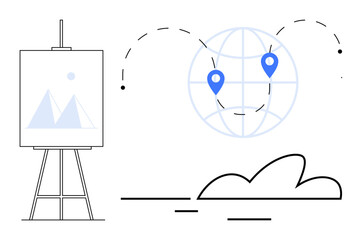 Easel with geometric poster next to globe adorned with map pins. Dotted flight paths link locations. Ideal for creativity, global strategy, location, education, navigation, travel, simple flat