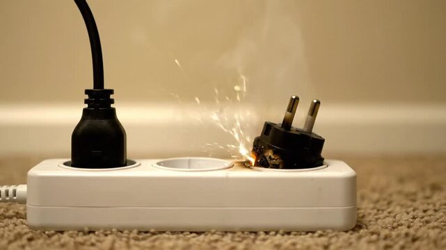 Damaged power plug sparking in outlet on a white surge protector in a home environment