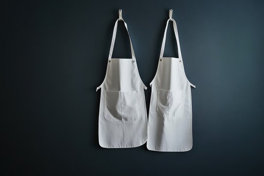 Two plain aprons hanging on hooks against a dark wall in a simple kitchen setting - Powered by Adobe