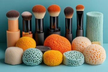 Close-up view of vibrant makeup brushes and sponges on a blue background