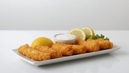 Crispy Textures. A Culinary Still Life of Golden Fried Sticks with Lemon and Sauce.