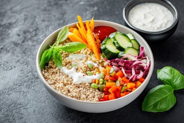 Colorful grain bowl with fresh vegetables and creamy dressing served on a dark background