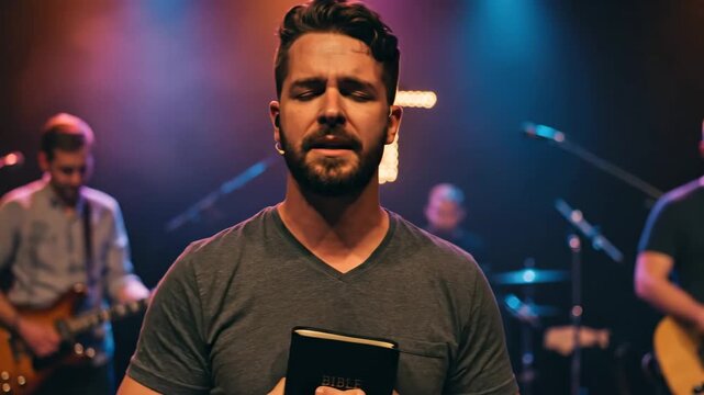 Man holding bible and singing praises during worship in church, with a lit cross in the background, religious footage