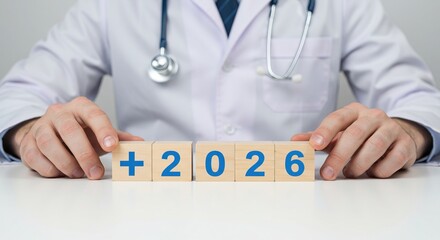 Medical specialist holding wooden blocks with '+2026' to represent future healthcare planning, strategic initiatives, and upcoming goals and milestones