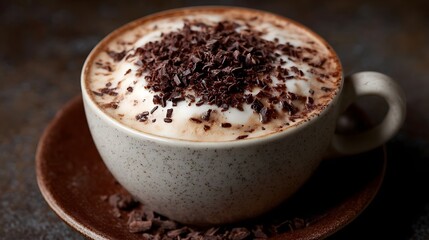 A steaming cup of coffee adorned with fluffy foam and generous dark chocolate shavings set on a saucer
