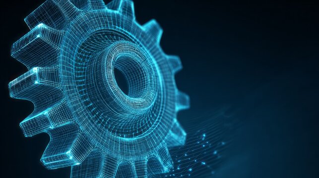 A glowing digital wireframe gear rotates in a dark, futuristic technological background.