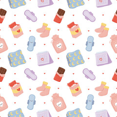Feminine Hygiene Seamless Pattern, Menstrual Cups Tampons Uterus Cycle Tracking Illustration Background