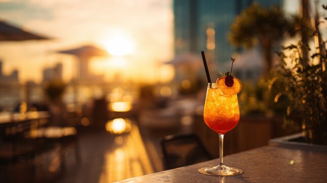 Sunset Cocktail on Rooftop Bar Golden Hour City View Aperol Spritz