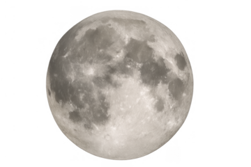 Full moon showing illuminated lunar surface, craters, and maria on a transparent background, depicting astronomy and space