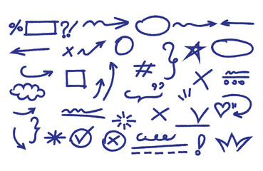 Collection of hand drawn blue doodles featuring arrows symbols and geometric shapes