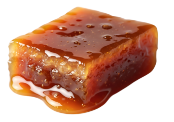 A single piece of chewy caramel candy with a glossy caramel glaze, isolated on transparent background