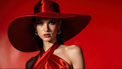 Structured dress and intense expression create impact.