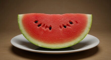 Juicy red fruit slice rests upon a simple white dish with a neutral background