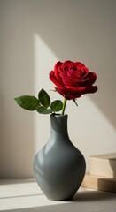 Fototapeta premium Single vibrant red rose displayed in a minimalist gray vase against a light background with dramatic shadows