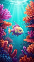 Obraz premium Vibrant illustration captures a colorful tropical fish swimming amidst a richly detailed coral reef environment