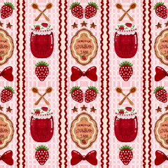 Homemade Strawberry Jam Pattern, Cute Cottagecore Kitchen Seamless, Red Bow Baking Digital Paper (PNG, JPG Digital Files)