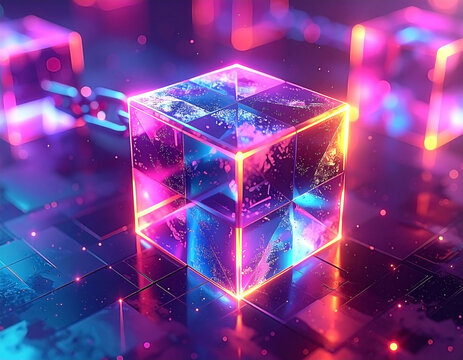 Translucent cube with glowing edges hovering on a digital grid surface