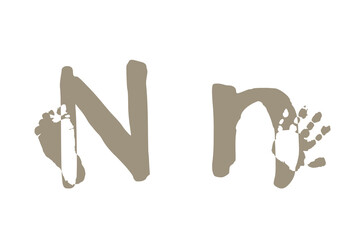 Newborn foot and hand prints. Family monogram, letter N on white background