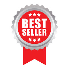 Best Seller Award Badge with Red Ribbon | Premium Vector Gold Emblem for Achievement and Top Product Excellence