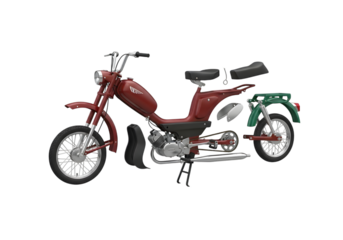 Red vintage moped disassembled into parts, isolated on transparent background
