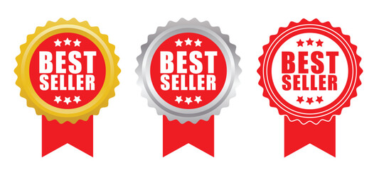 Best Seller Award Badge with Red Ribbon | Premium Vector Gold Emblem for Achievement and Top Product Excellence