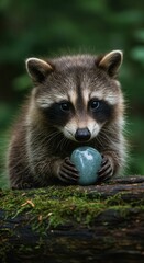 Obraz premium Young mammal with masked face intently holds smooth, polished stone upon mossy wood