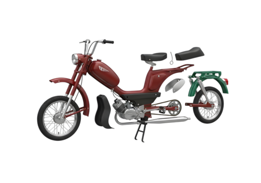 Red vintage moped disassembled into parts, isolated on transparent background