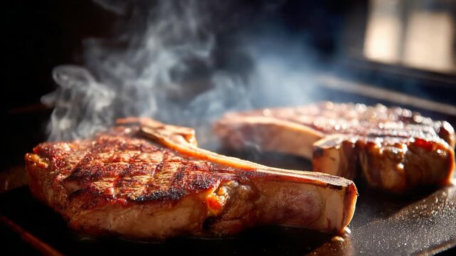 Close up of grilling thick cut steaks with smoke rising perfect for culinary content