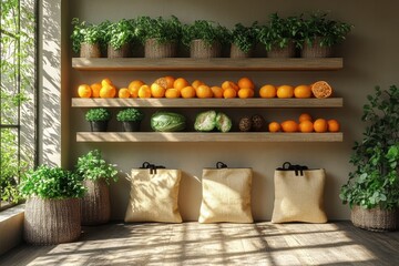 Standing pouch mockups with fresh fruits and vegetables in a bright, cozy setting