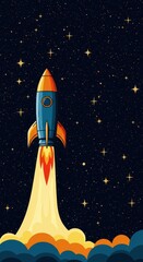 Naklejka premium Stylized rocket blasts off through a starry night sky from behind terrestrial clouds