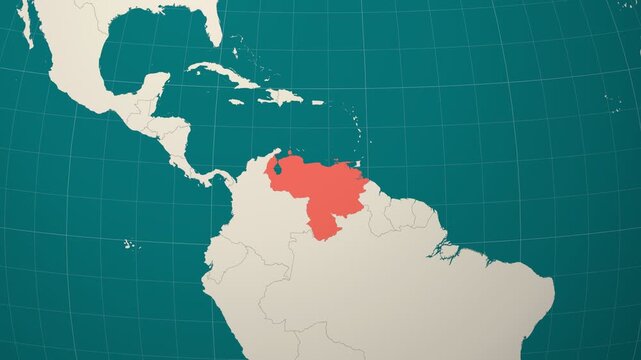 Venezuela map. Animated zoom into the country on the Globe in Teal Pale Mint color palette. Country logo animation. Map with meridians, parallels. Elegant video.