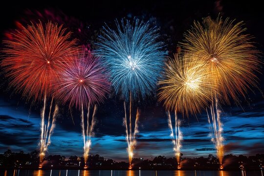 Vibrant fireworks light up the night sky in a dazzling display over the water