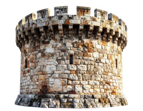 Close-up of a weathered, circular stone tower with crenelated top