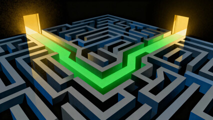 Illuminated green path through a complex 3D maze with glowing entry points