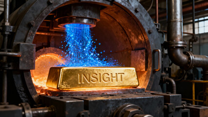 Fototapeta premium Golden ingot labeled 'INSIGHT' being forged in industrial furnace with glowing blue particles