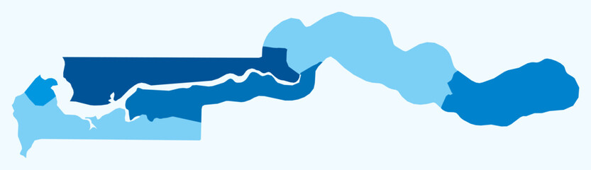 Map of Gambia with regions. Just a simple country border map with region division. Light blue color palette. Plain Gambia shape with administrative division. Vector illustration.